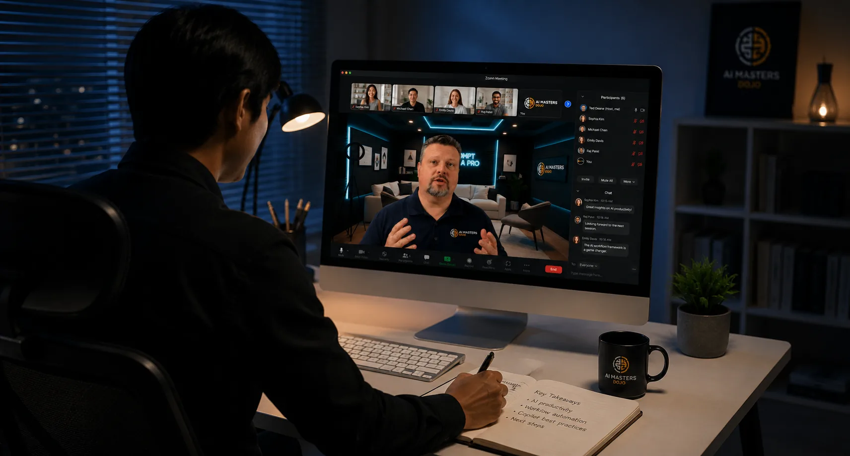 AI in Action workshop screen showing an AI Masters DoJo Zoom-style session