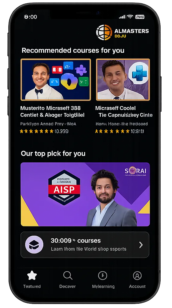 AI Masters DoJo mobile learning app showing recommended courses